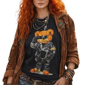 Laverita Black Rhinestone Bling Biker Bear Leather Jacket Graphic T-shirt Large